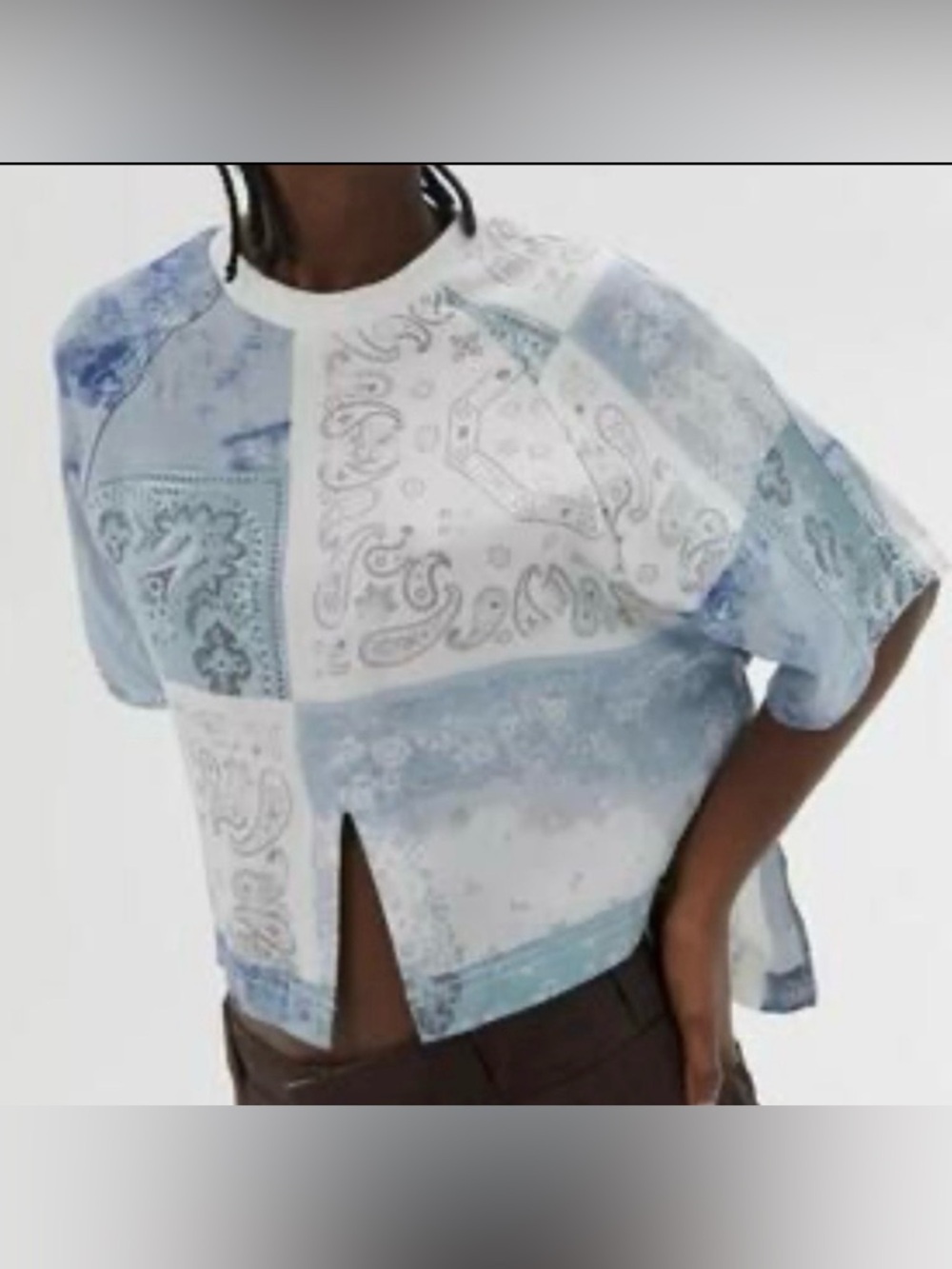 Urban Outfitters Blue and White Patchwork Short Sleeve Crop Top